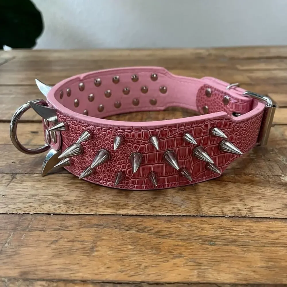 Pink Spiked Dog Collar Faux Croc Leather Medium Large 2